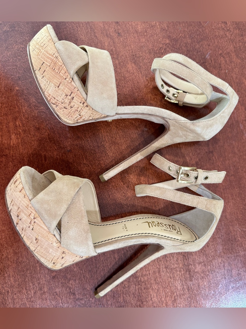 Jerome C. Rousseau Nude Suede Cork Platform Ankle-Strap High Heels